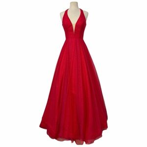 Jovani Red Pink Halter Prom Dress Glitter Tulle Open Back Formal Evening Gown 6